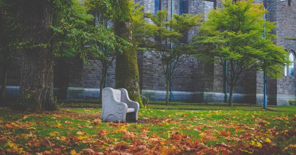 Park bench among autumn leaves near historic stone wall walk