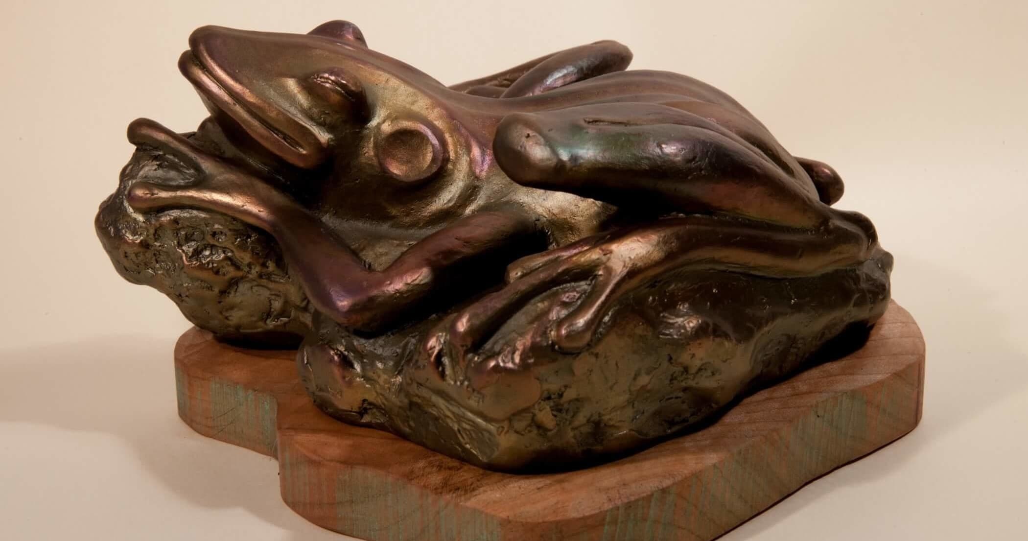 Patinated bronze frog sculpture resting on wooden base in studio
