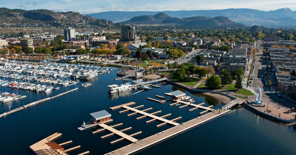 Aerial view of Kelowna downtown marina and lakeshore docks