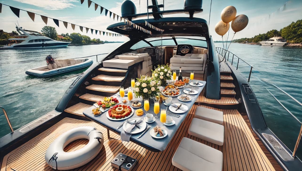 Luxury yacht dining on open water with coastal views
