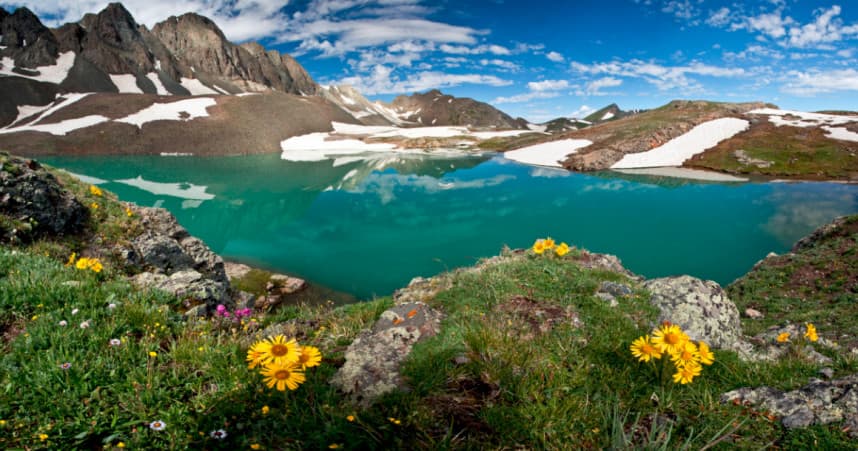 Wildflower alpine lake panorama with mountain hiking views