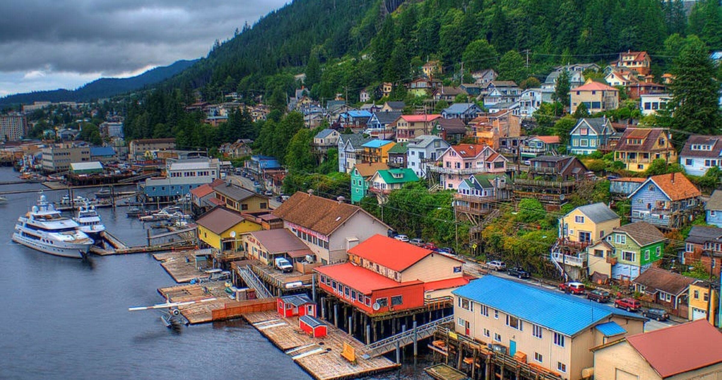 Scenic Ketchikan harbor waterfront with colorful coastal homes