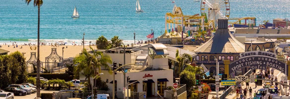 Santa Monica pier and beach with coastal amusement rides