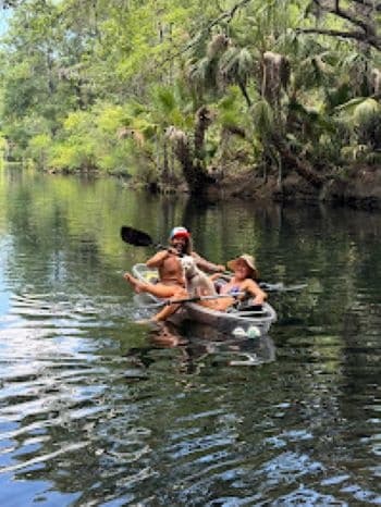 Family kayaking together through shaded river channel at Florida spring