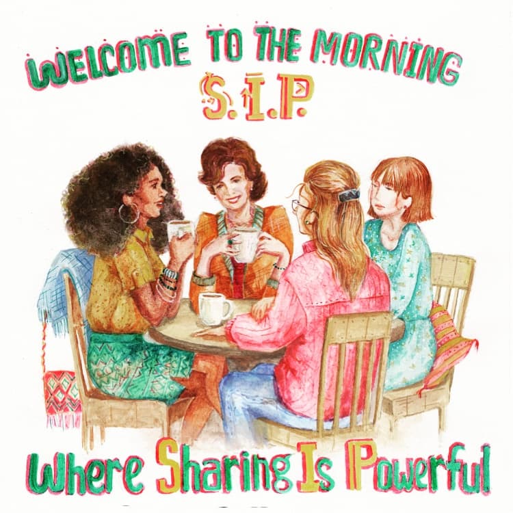 Illustration of women sharing coffee at table, indoor social scene
