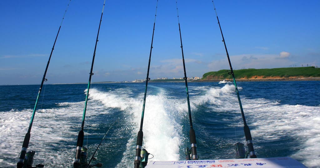 Multiple fishing rods over boat wake on open ocean charter