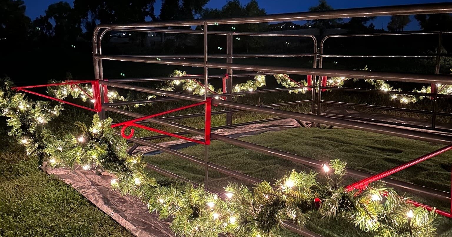 Decorated livestock corral with string lights at dusk