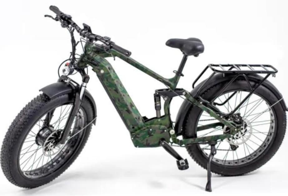 Camouflage electric fat-tire bike on white studio, off-road rental