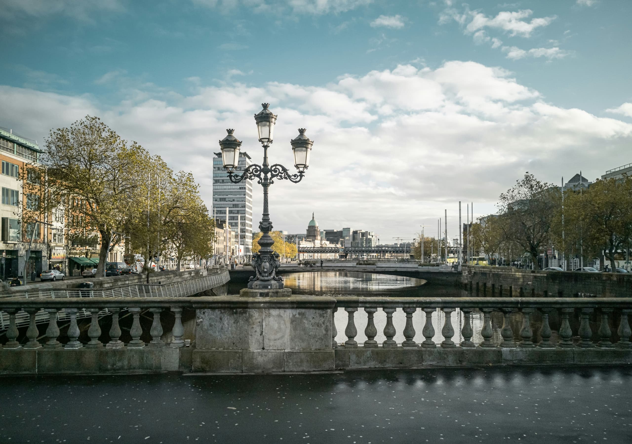 Riverside stone bridge and promenade view in Dublin waterfront