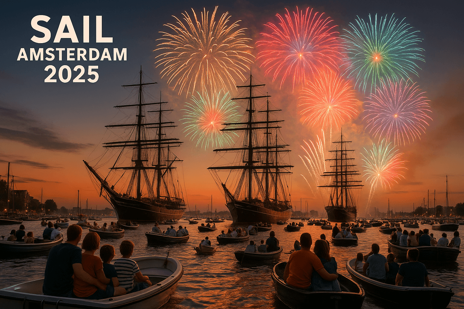 Canal boats and historic ships with fireworks over Amsterdam