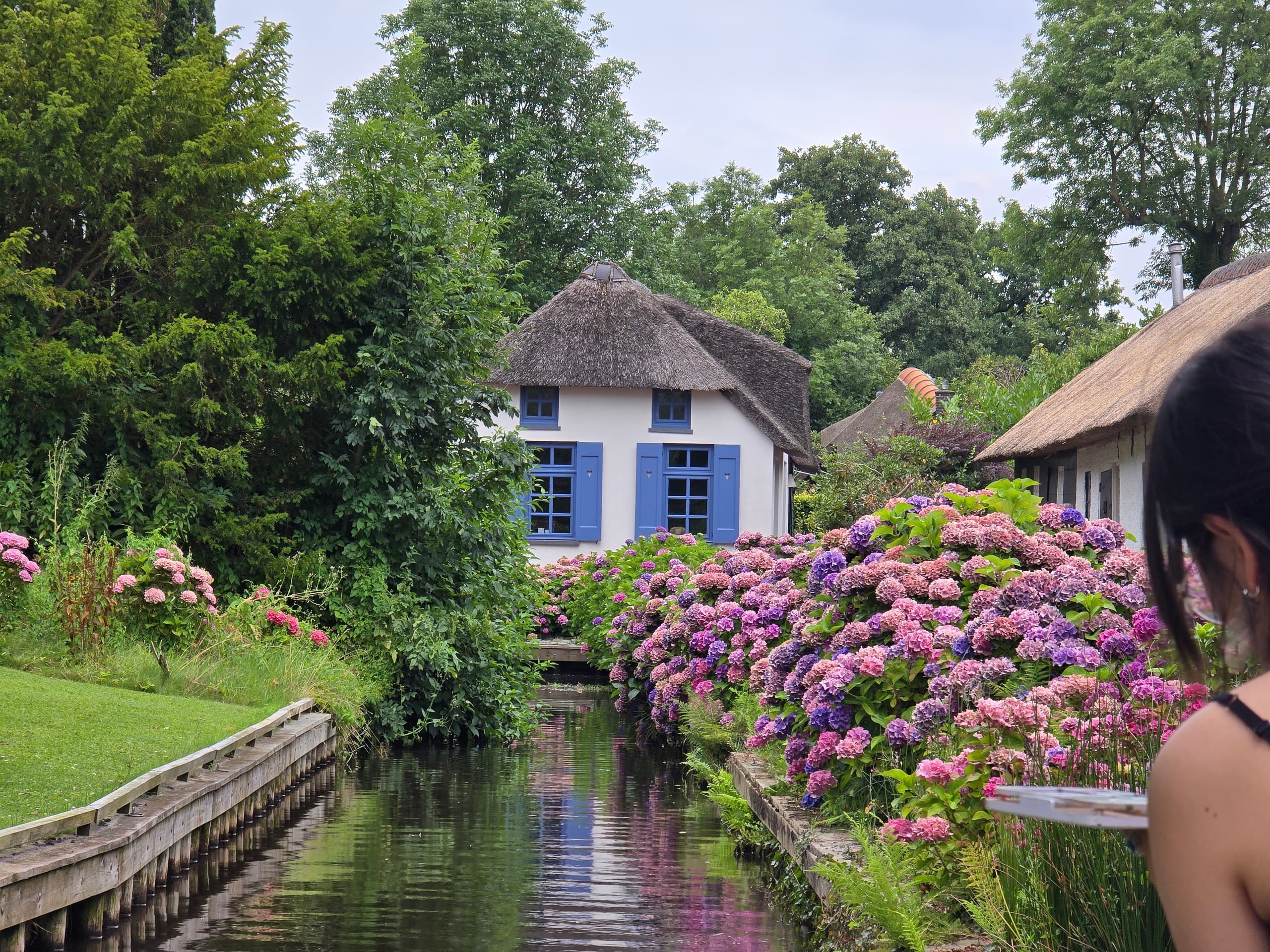 Boat gliding through flower-lined canal in Giethoorn, Netherlands