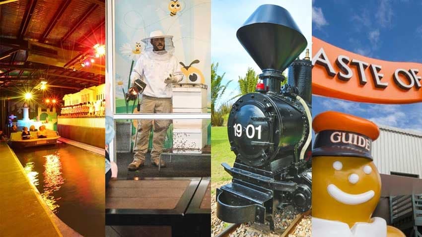 Collage of family attraction scenes featuring train rides and exhibits