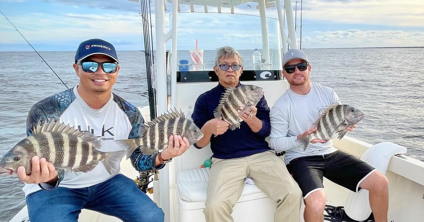 Anglers holding sheepshead on offshore charter boat