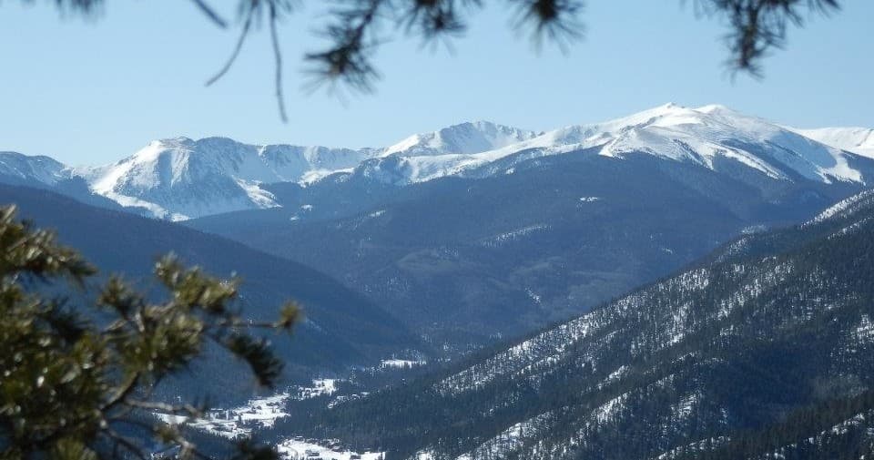 Panoramic mountain vista with snowy peaks and alpine forest