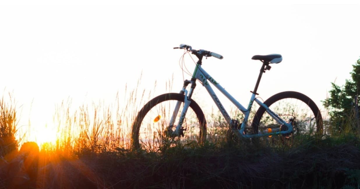 Mountain bike at sunrise in grassy field, off-road adventure