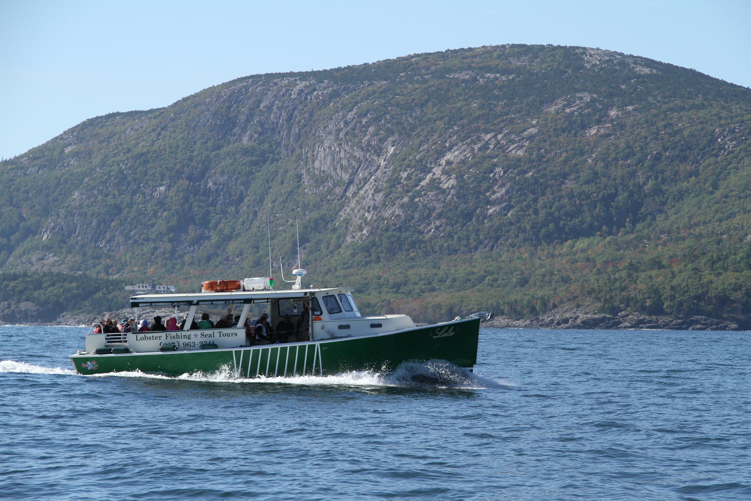 Coastal tour boat gliding by forested hillside and cliffs