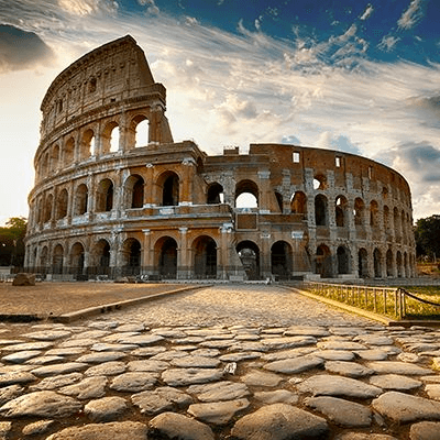 Sunlit Colosseum exterior panoramic view in Rome, Italy