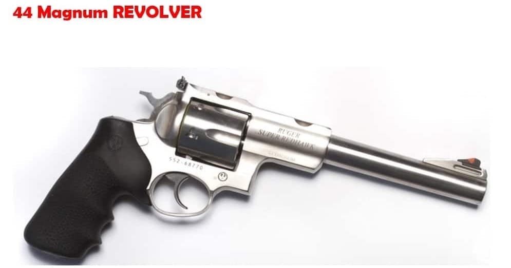 Large .44 Magnum revolver on white backdrop, pistol display