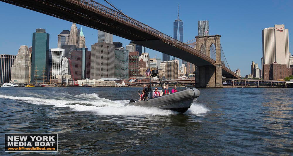 High-speed RIB under Brooklyn Bridge with Manhattan skyline