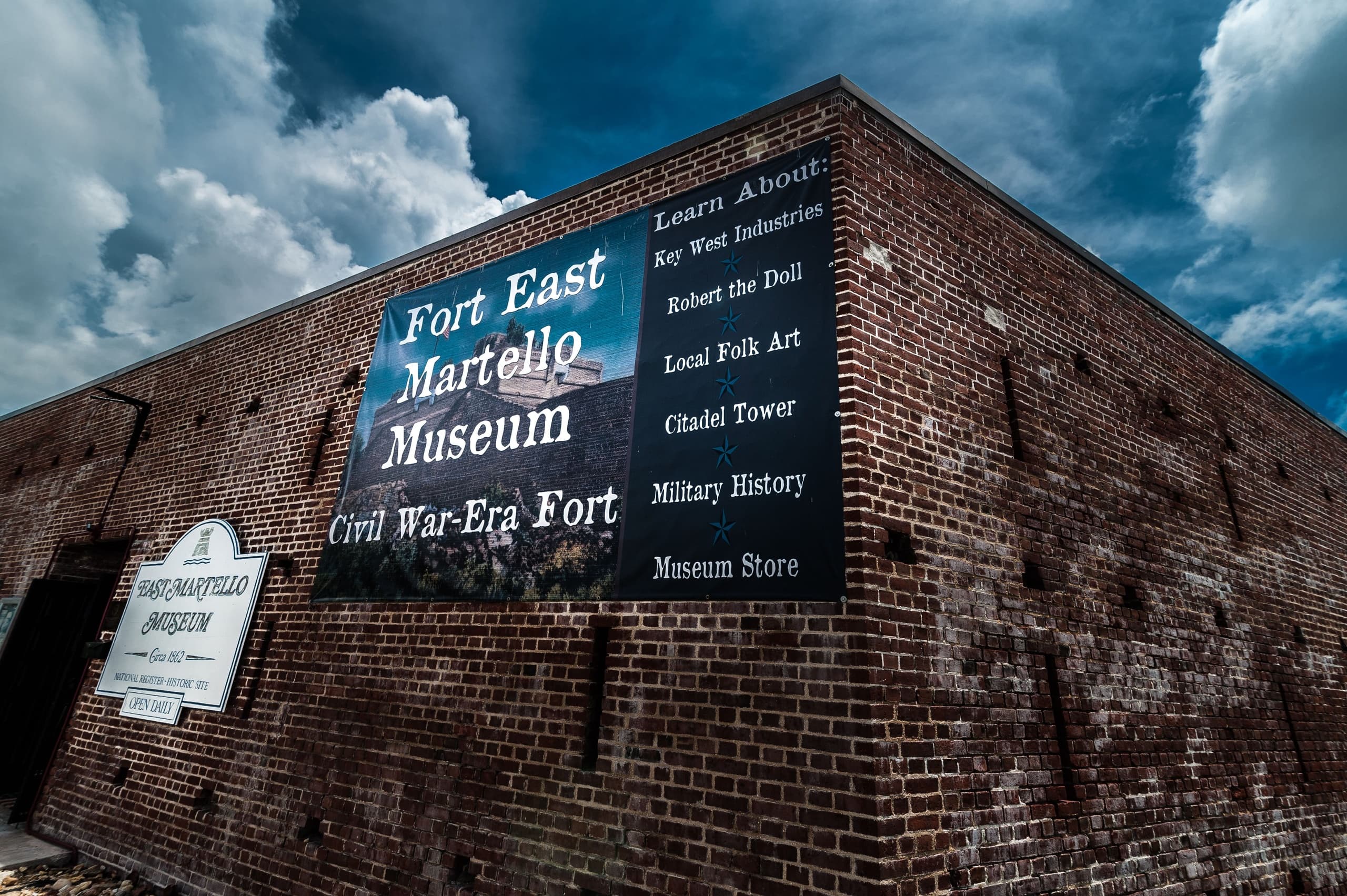 Fort East Martello brick museum exterior with stormy sky