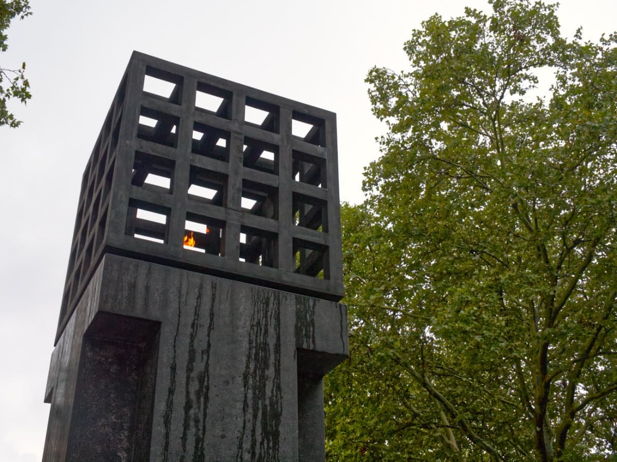 Memorial flame tower at Dachau outdoor monument