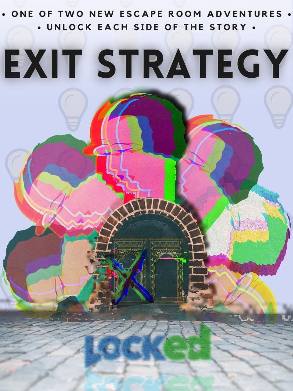 Exit Strategy escape room poster with arched door puzzle entrance
