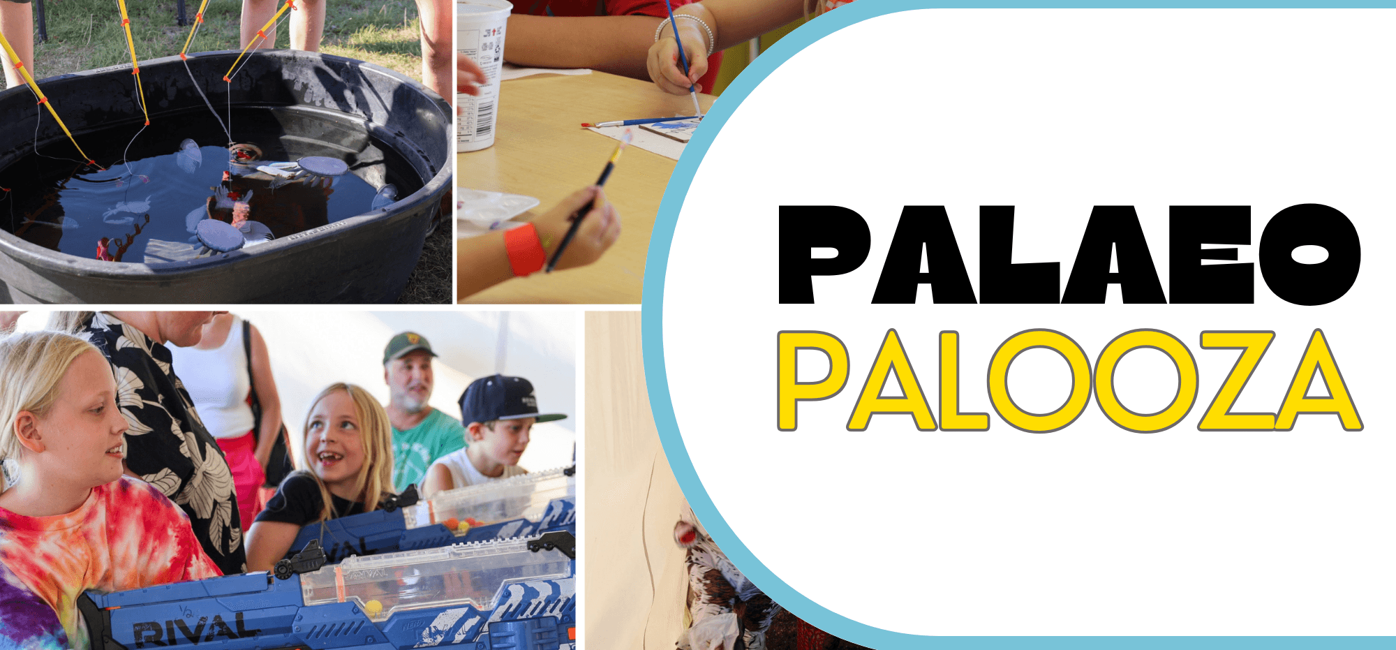 Palaeo Palooza event collage showing indoor kids activities and exhibits