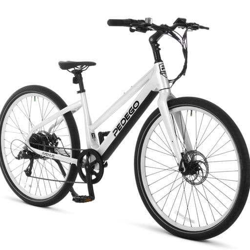 White electric commuter bike studio shot showing drivetrain