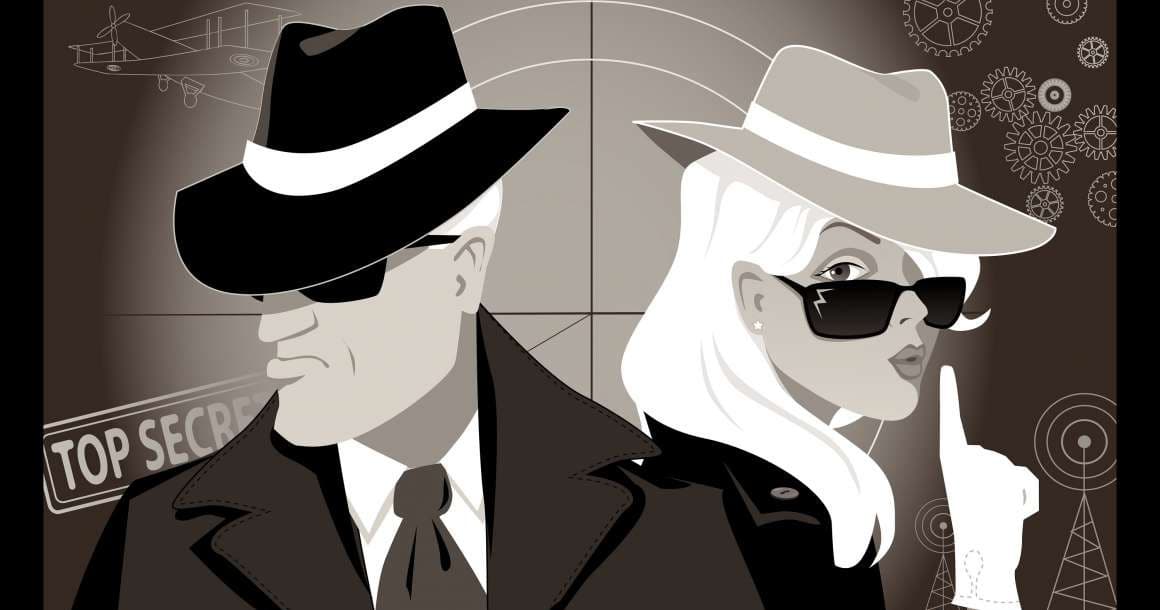 Stylized secret agents duo illustration in vintage spy theme