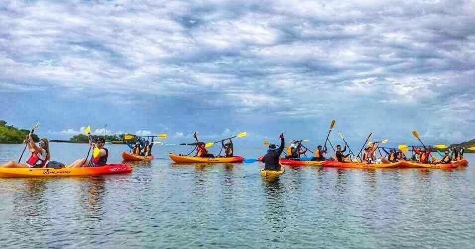 Group of kayakers paddling across calm bay under cloudy sky