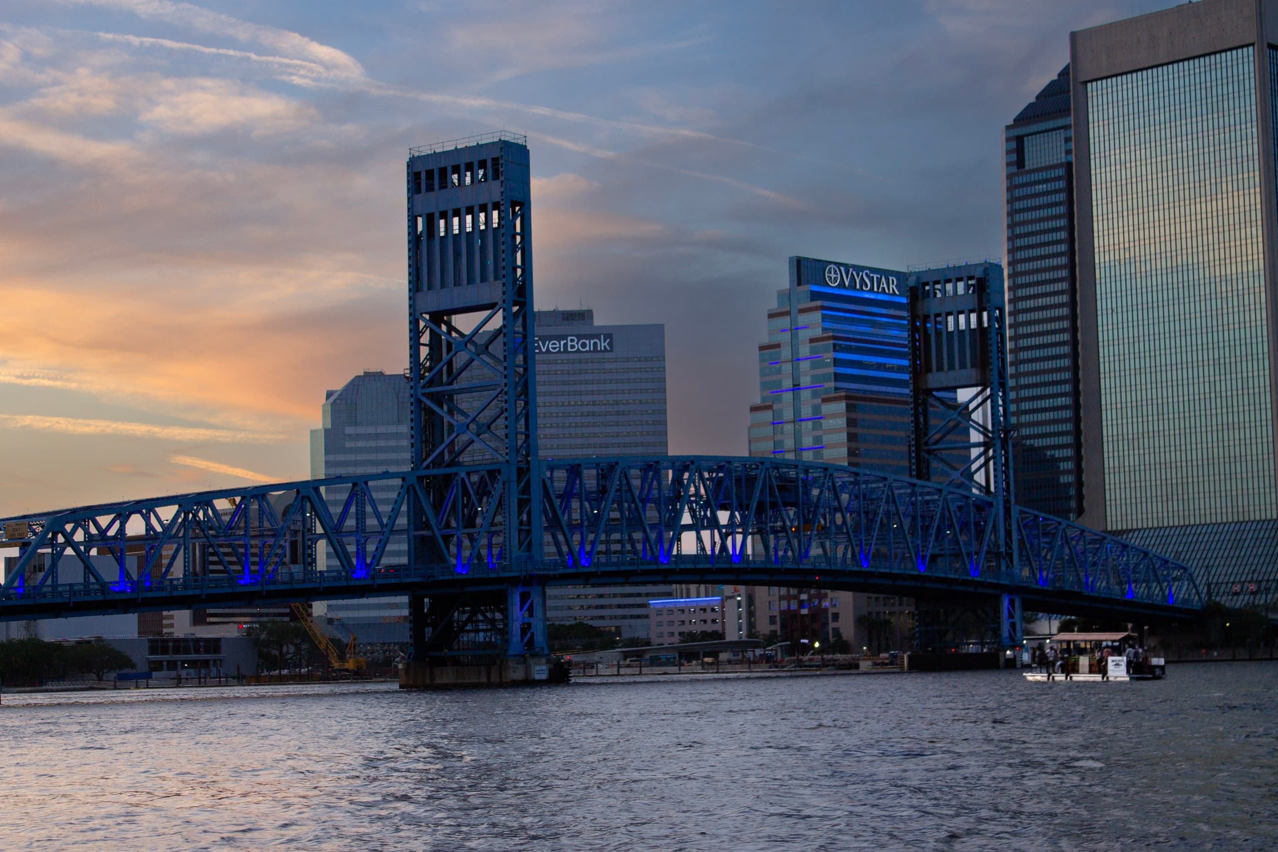 Party boat riverfront view with blue bridge and Jacksonville skyline