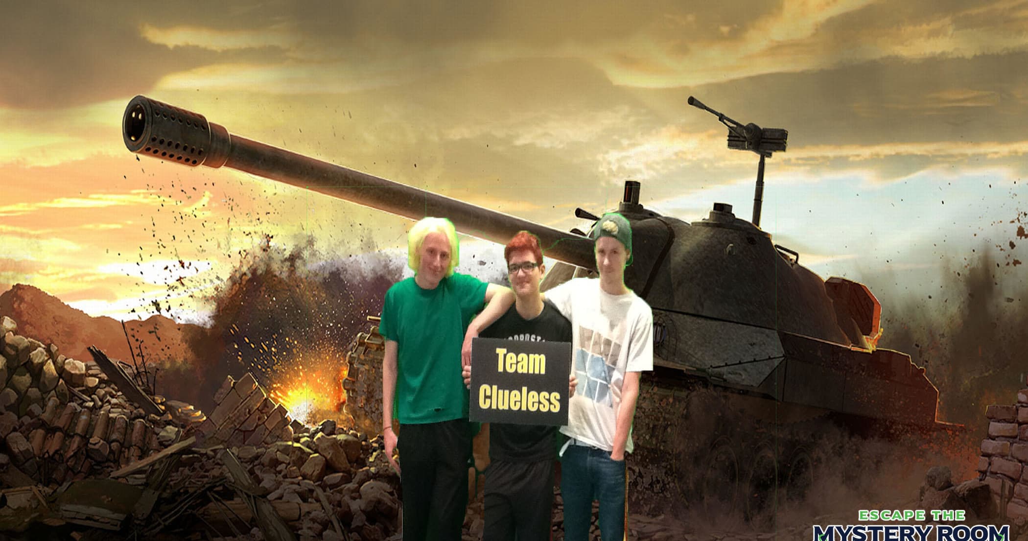 Players in front of tank war scene backdrop at escape room