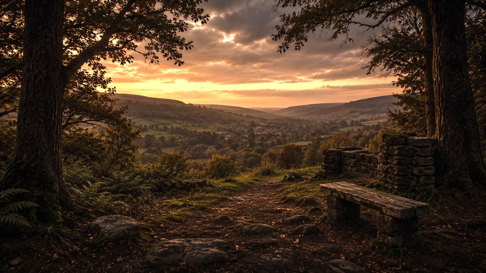 Woodland bench overlooking panoramic valley at golden sunset