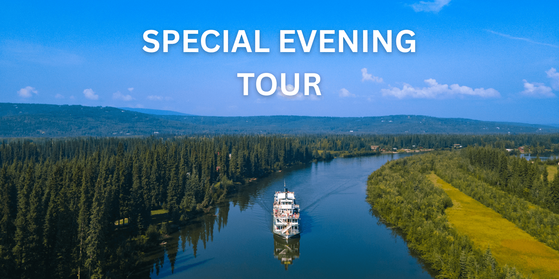 River cruise at dusk through scenic forested river valley