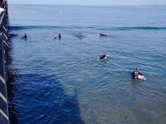 Surfers paddling and waiting for waves near a coastal pier