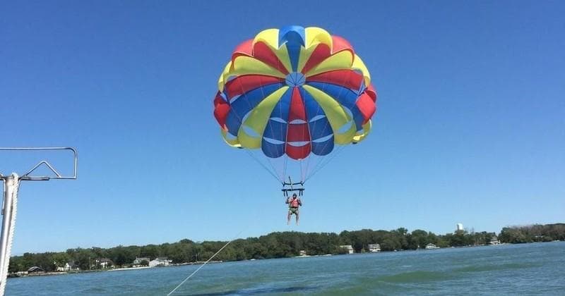 Parasailers over Lake Erie from boat with shoreline view