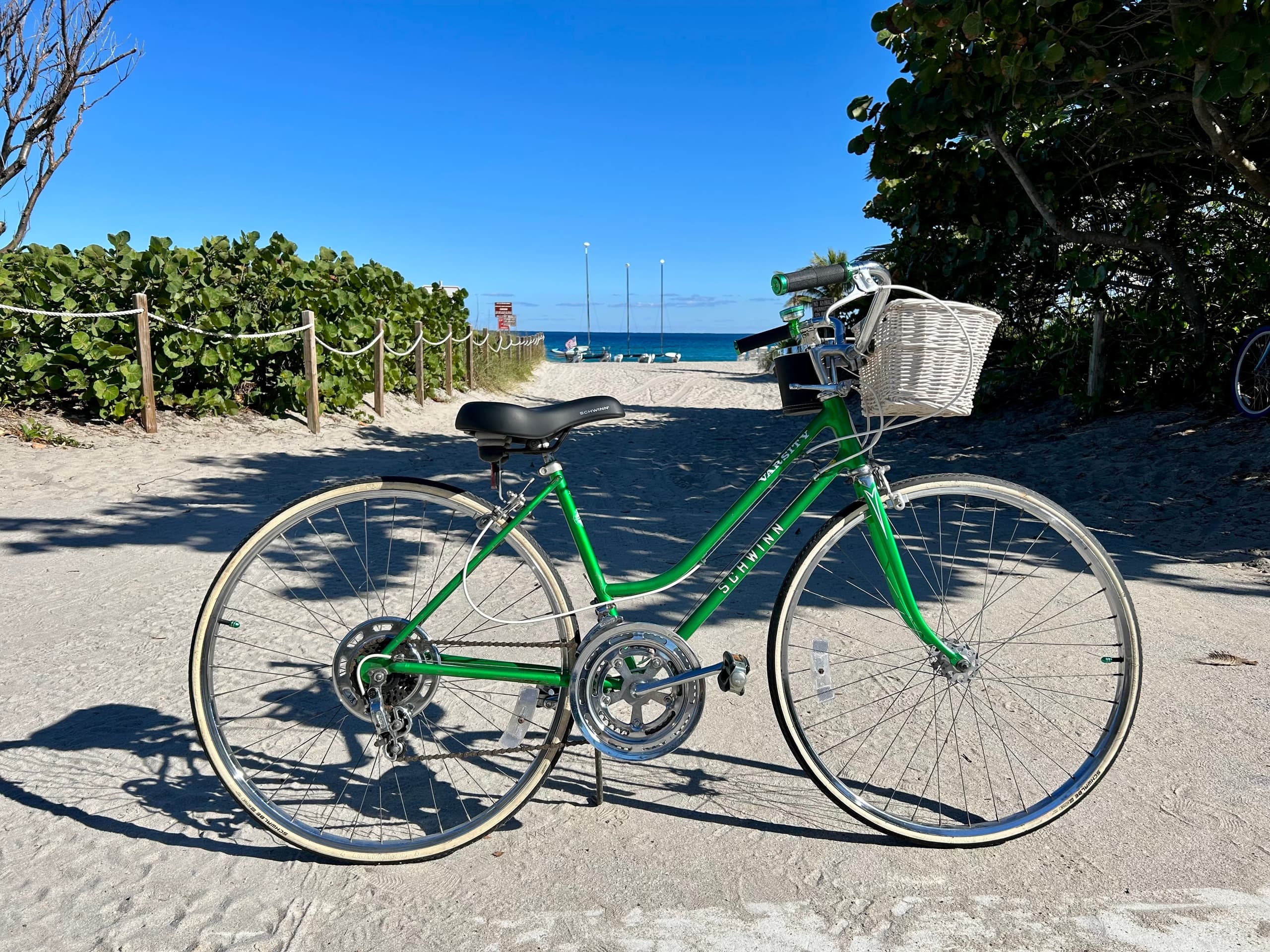 Green beach cruiser bicycle parked on sandy path overlooking ocean
