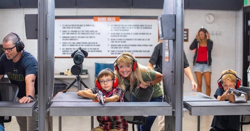 Indoor firing range lanes with targets downrange and lights
