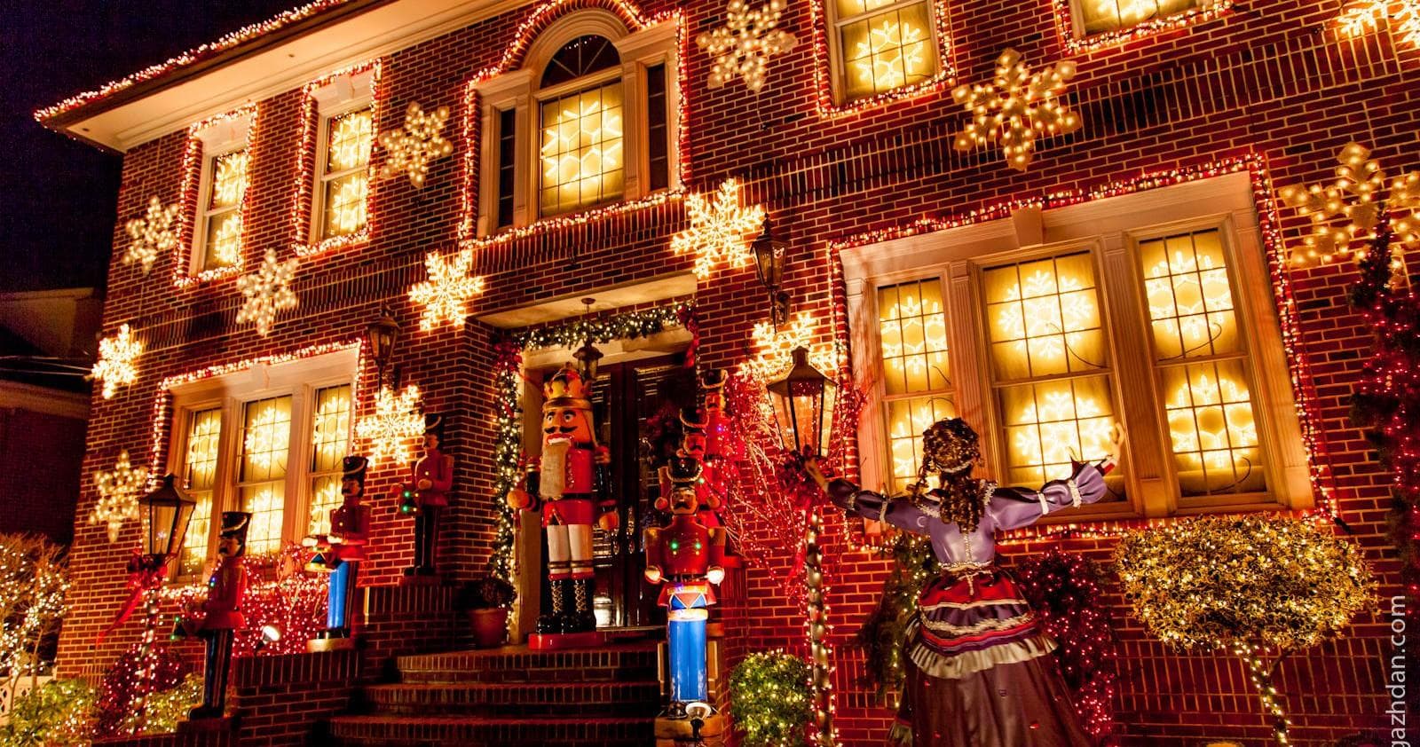 Festive holiday lights on Brooklyn house during evening walk