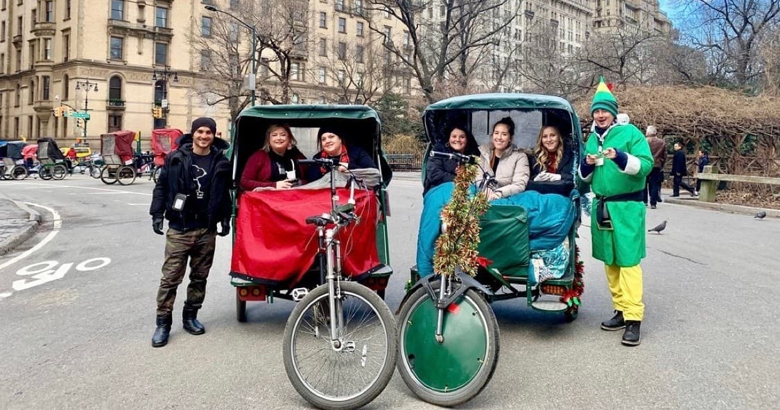 Group of pedicabs parked in Central Park, NYC outdoor tour