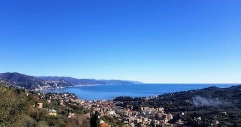 Panoramic coastal view over Mediterranean town and sea