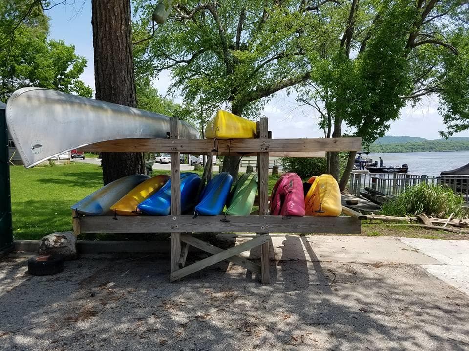 Colorful kayaks stacked on rack by lake shore for rentals