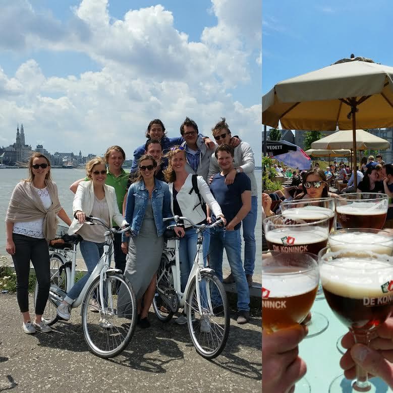 Guided bike tour group cycling through scenic city routes outdoors