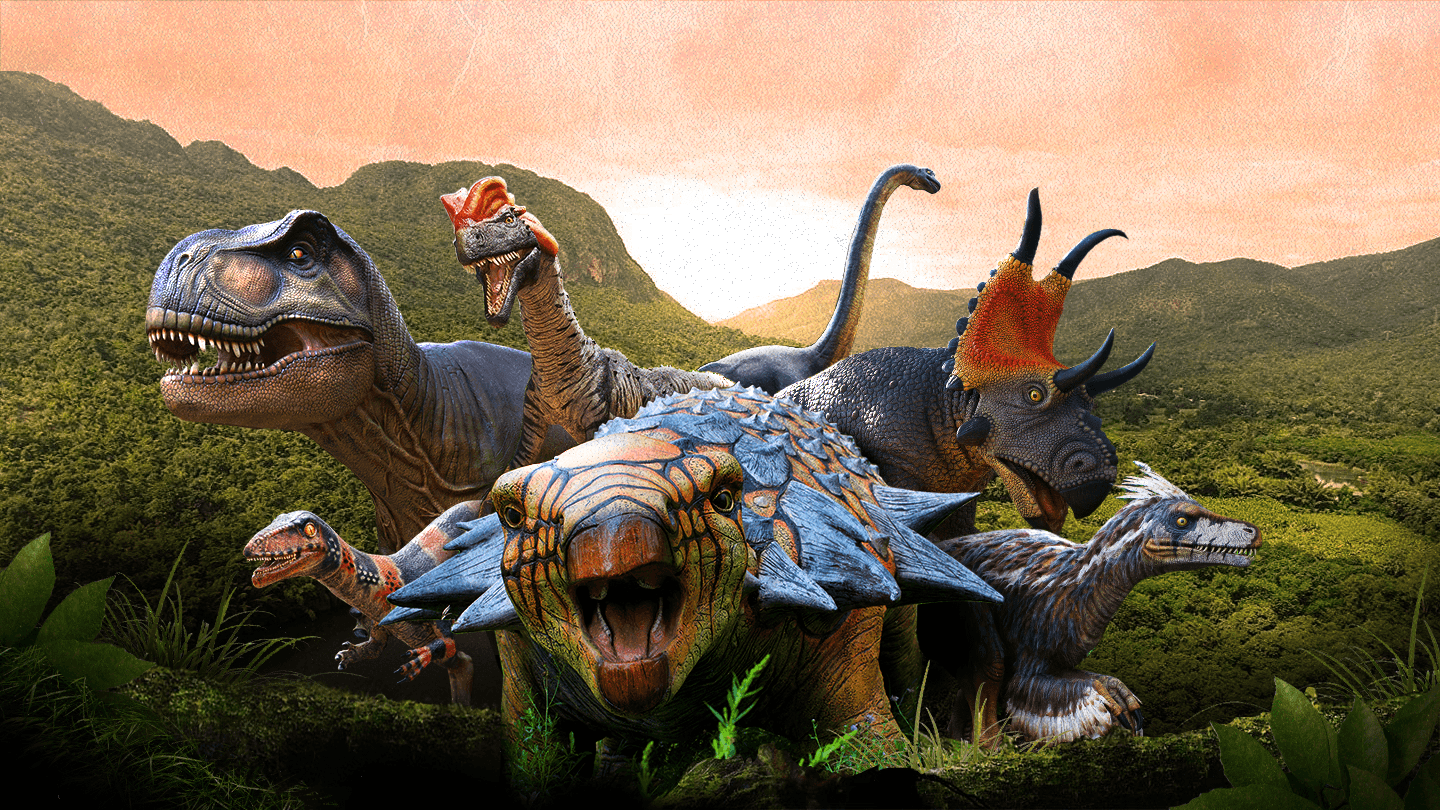 Pack of dinosaurs running across grassy valley at sunset