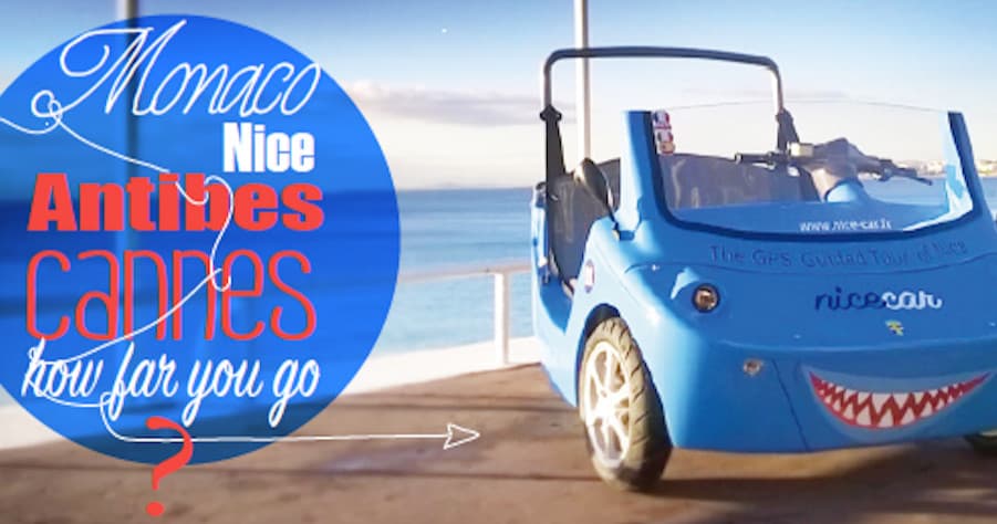 Branded blue NiceCar convertible by seaside promoting Monaco Nice Antibes