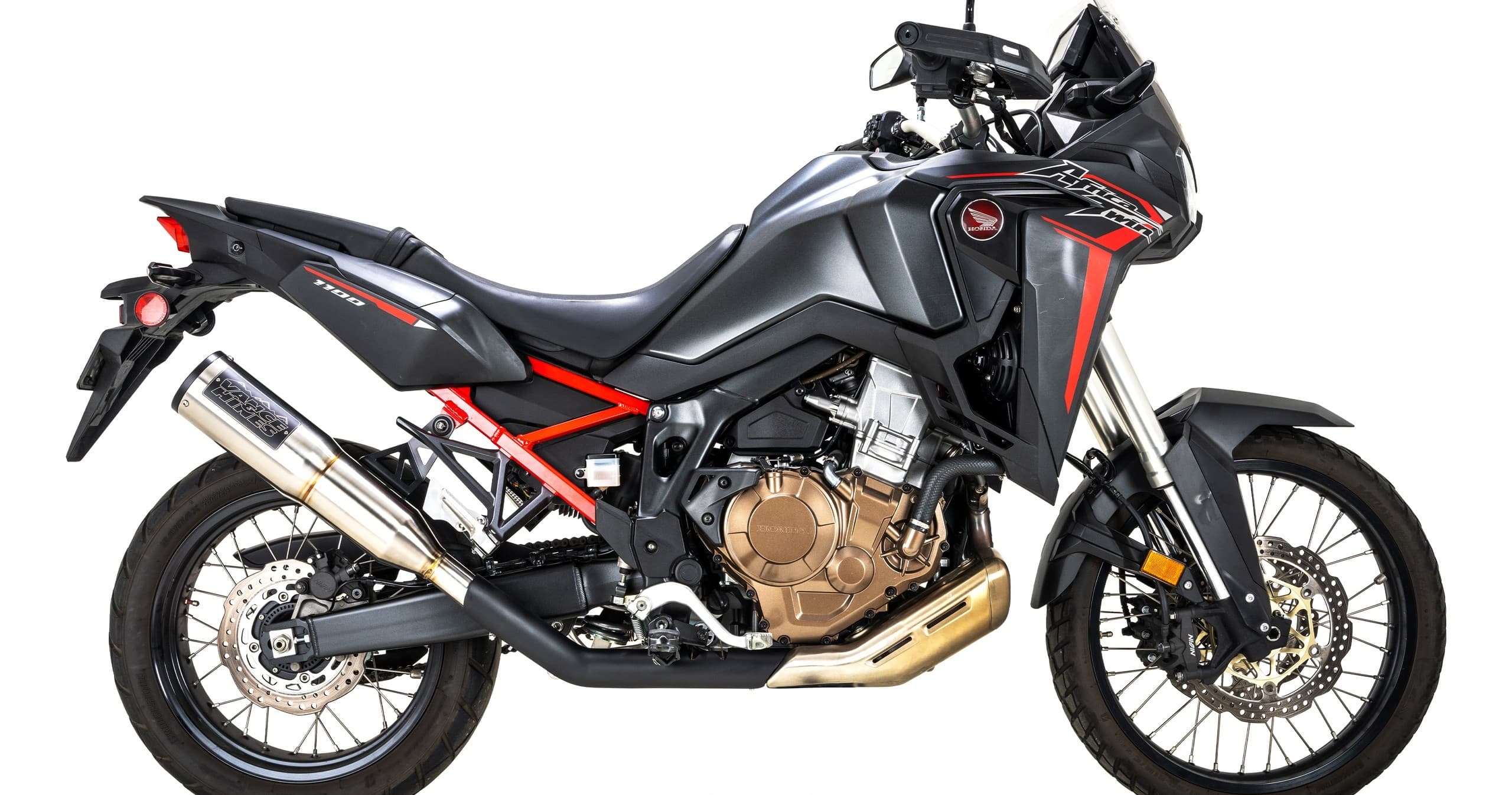 Black-gray adventure motorcycle product shot on white backdrop