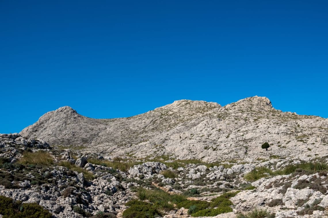 Wide limestone ridge hike with expansive valley views in Mallorca mountains