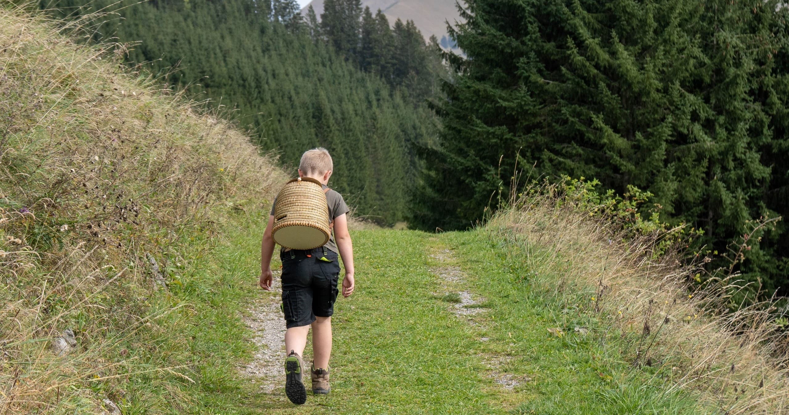 Child hiking on grassy mountain trail with backpack and trees