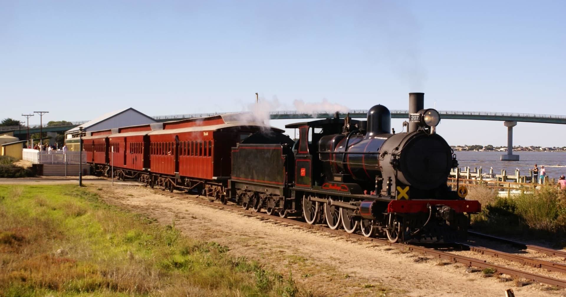 Black steam locomotive pulling carriages through coastal farmland