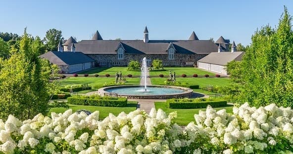 Formal gardens and central fountain at Castle Farms estate